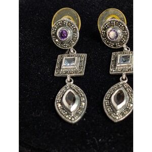 Vintage Marcasite Amethyst & Amber Dangle Earrings